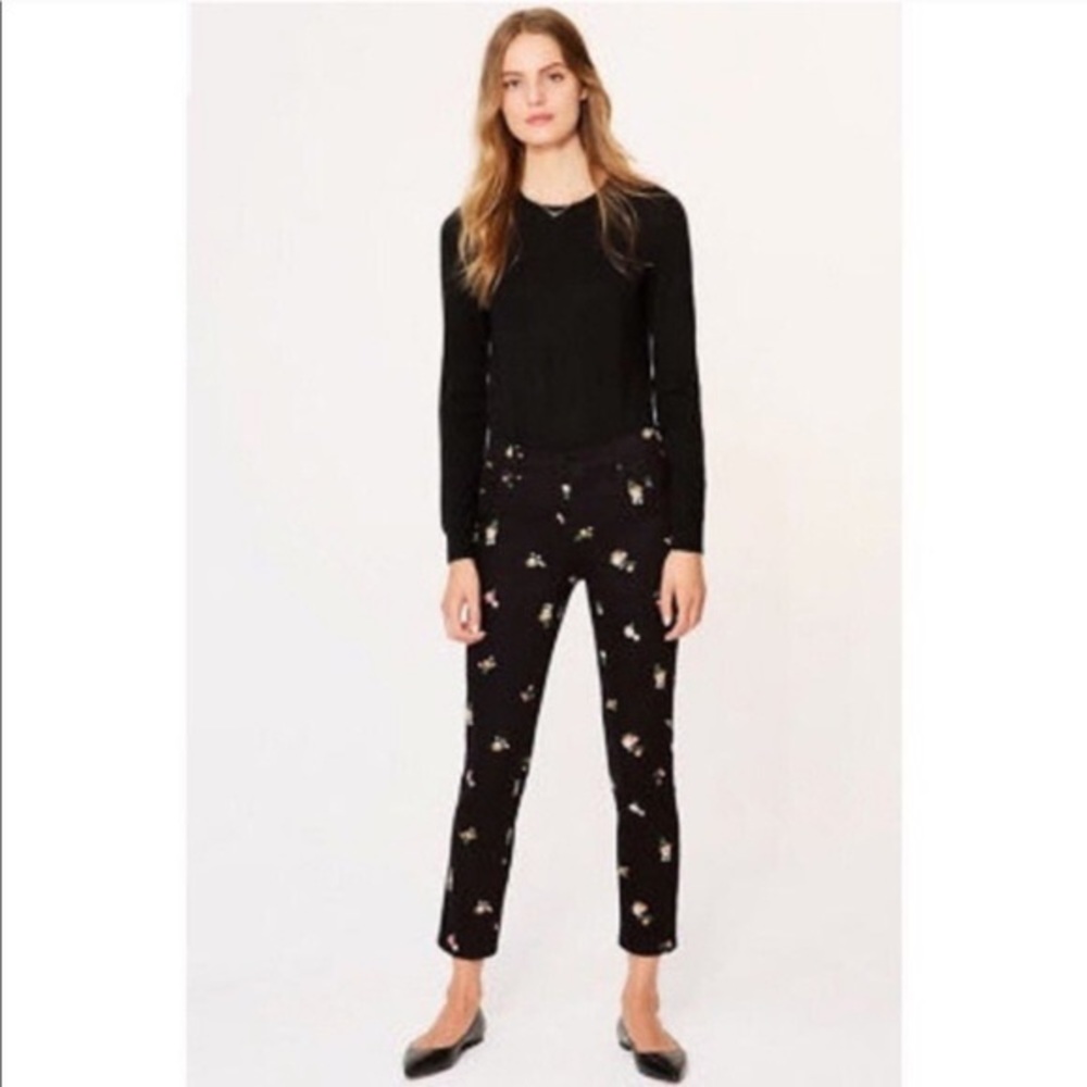 Tory Burch Brindle Skinny Capri Jean in Black with Floral Embroidery